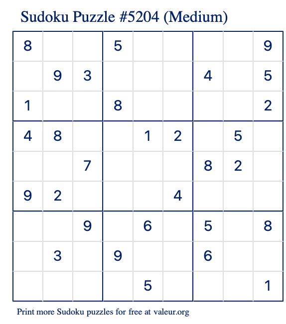 Free Printable Medium Sudoku Puzzle number 5204
