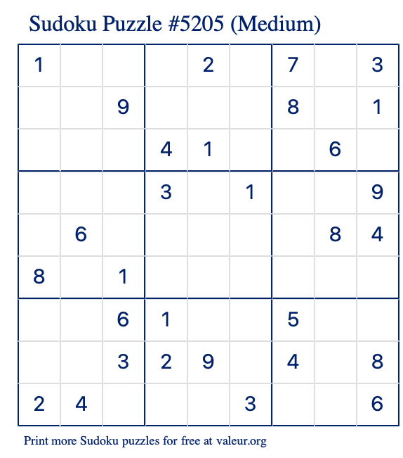Free Printable Medium Sudoku Puzzle number 5205