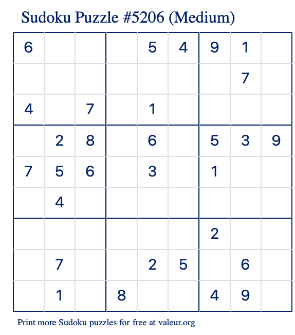 Free Printable Medium Sudoku Puzzle number 5206