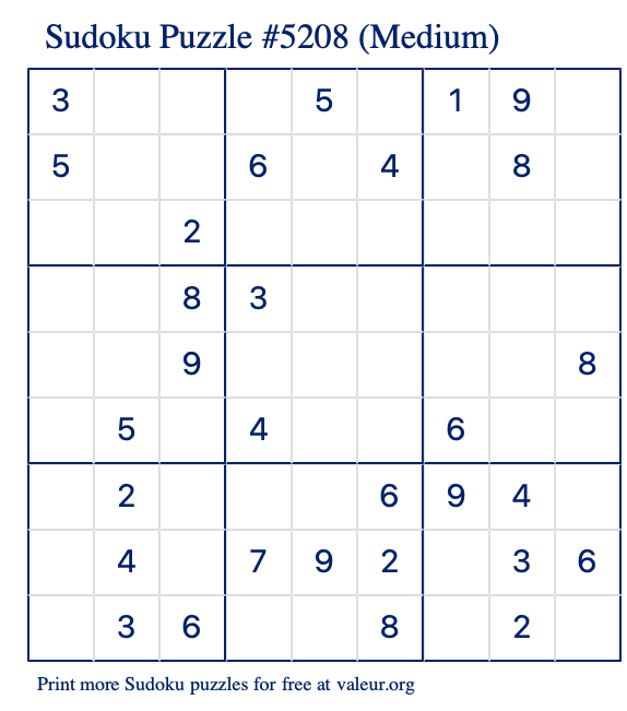 Free Printable Medium Sudoku Puzzle number 5208