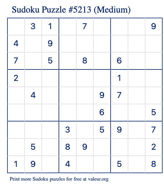 Free Printable Medium Sudoku Puzzle number 5213