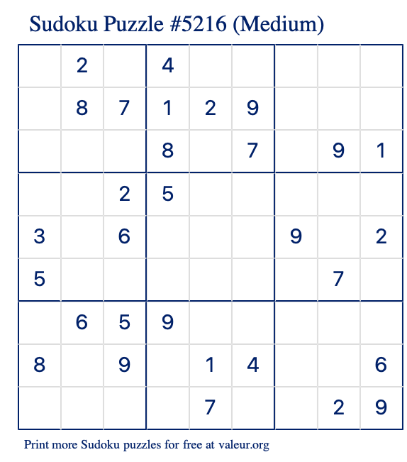 Free Printable Medium Sudoku Puzzle number 5216