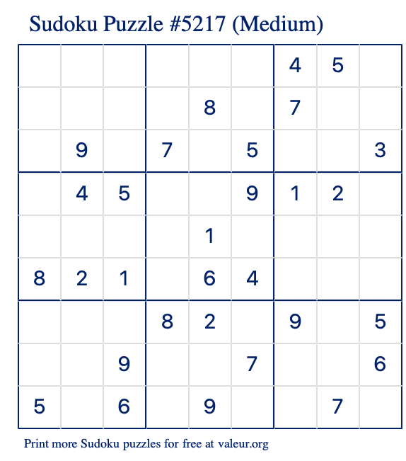 Free Printable Medium Sudoku Puzzle number 5217