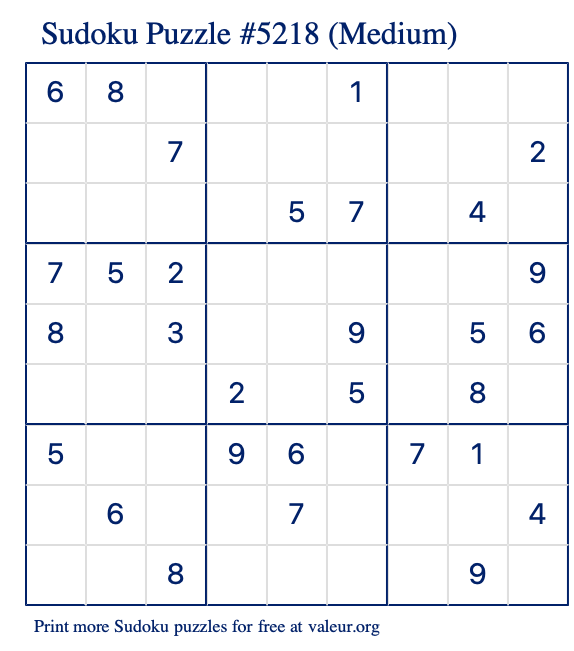 Free Printable Medium Sudoku Puzzle number 5218