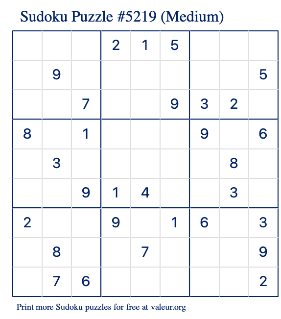 Free Printable Medium Sudoku Puzzle number 5219