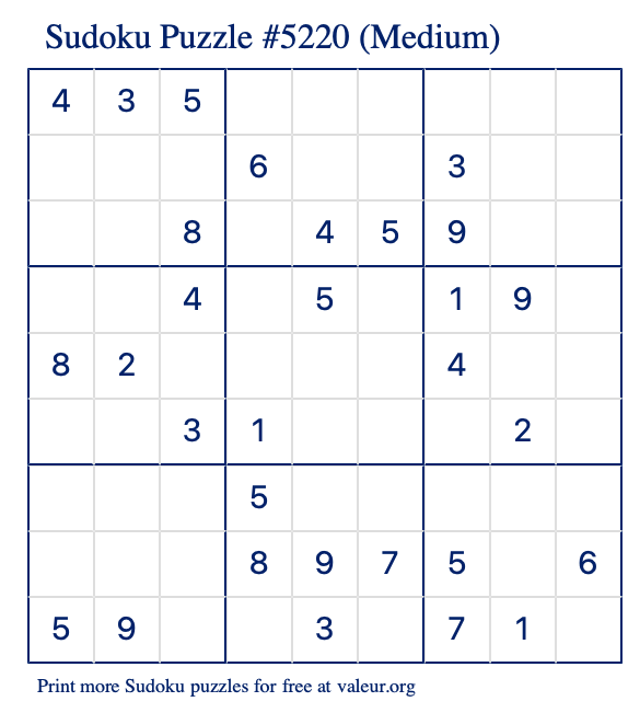 Free Printable Medium Sudoku Puzzle number 5220