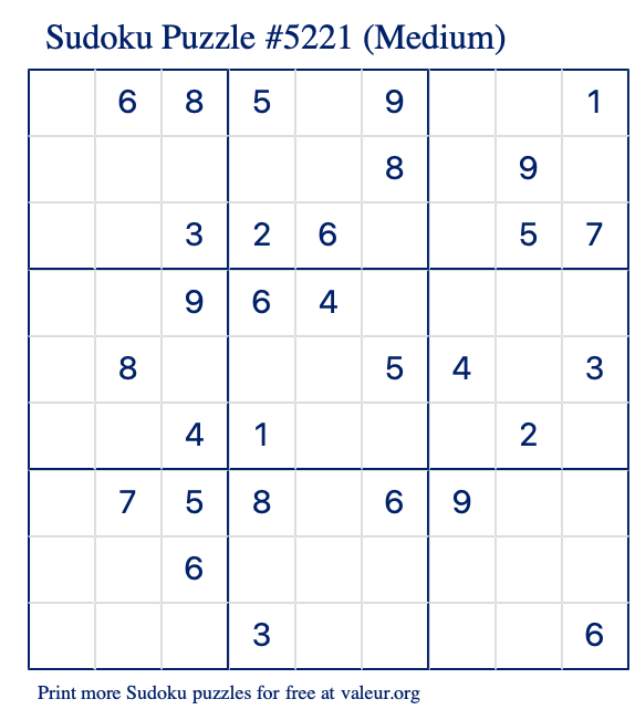 Free Printable Medium Sudoku Puzzle number 5221