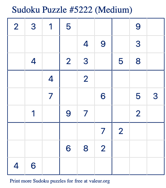 Free Printable Medium Sudoku Puzzle number 5222