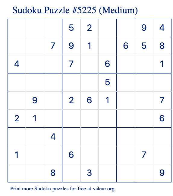 Free Printable Medium Sudoku Puzzle number 5225