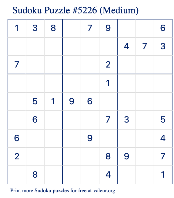 Free Printable Medium Sudoku Puzzle number 5226