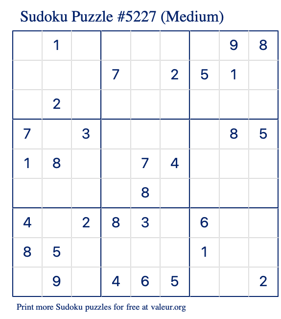 Free Printable Medium Sudoku Puzzle number 5227