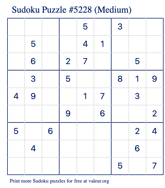Free Printable Medium Sudoku Puzzle number 5228