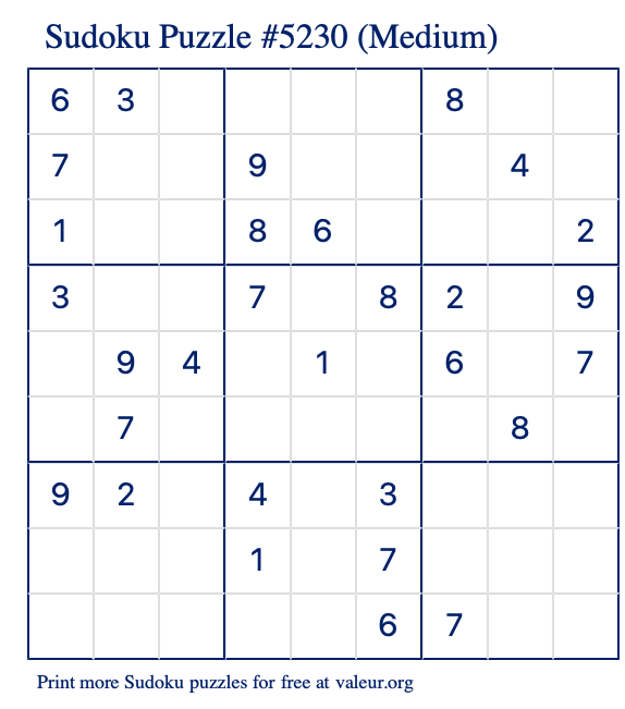 Free Printable Medium Sudoku Puzzle number 5230