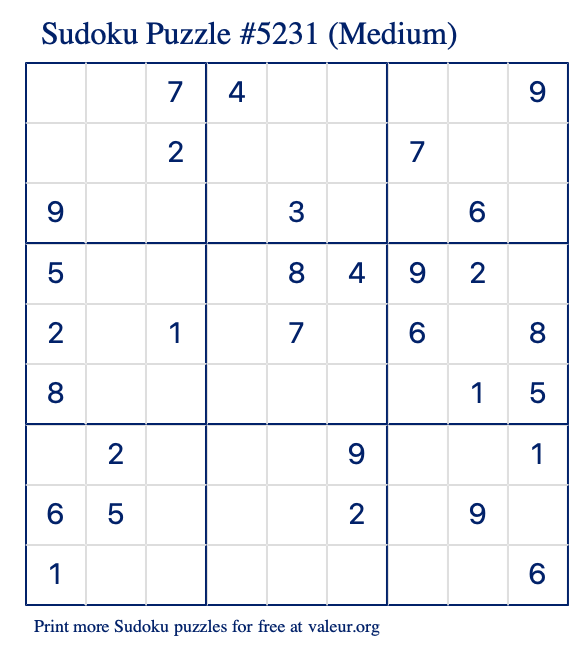 Free Printable Medium Sudoku Puzzle number 5231