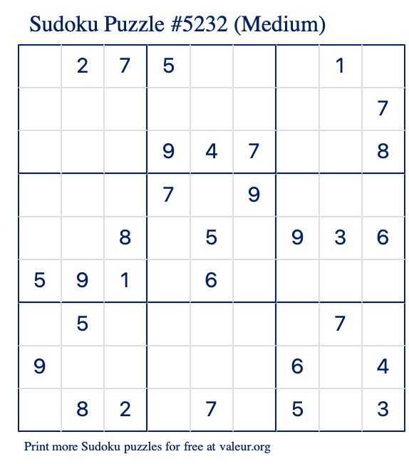 Free Printable Medium Sudoku Puzzle number 5232