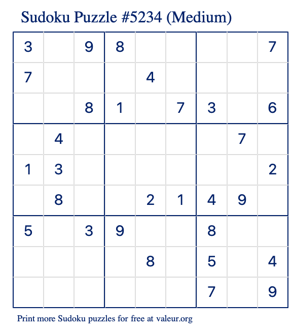 Free Printable Medium Sudoku Puzzle number 5234