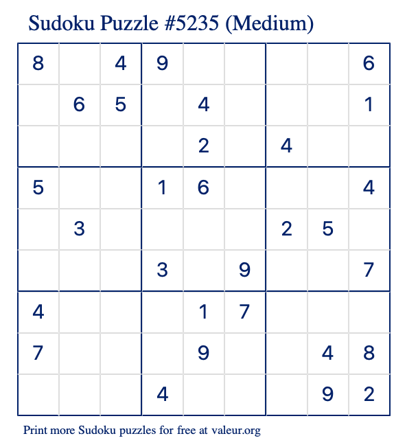 Free Printable Medium Sudoku Puzzle number 5235