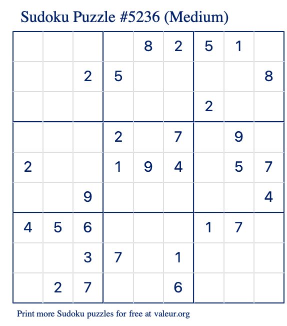 Free Printable Medium Sudoku Puzzle number 5236