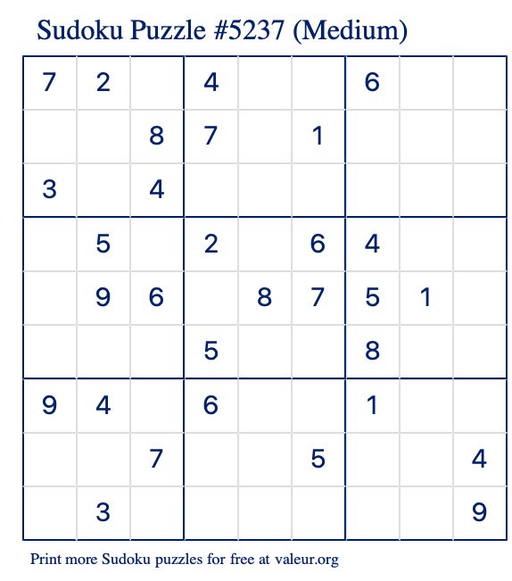 Free Printable Medium Sudoku Puzzle number 5237