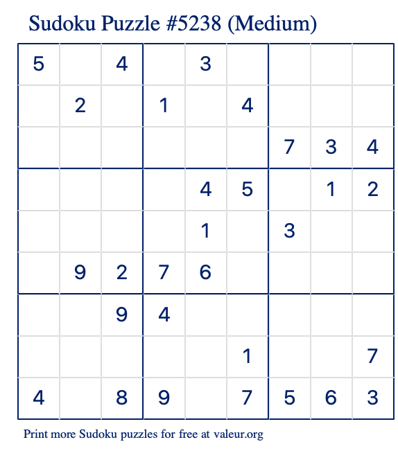 Free Printable Medium Sudoku Puzzle number 5238