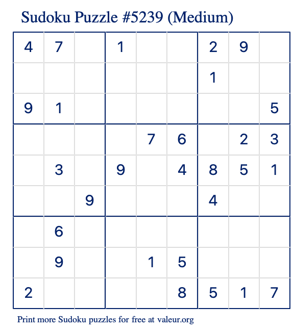 Free Printable Medium Sudoku Puzzle number 5239