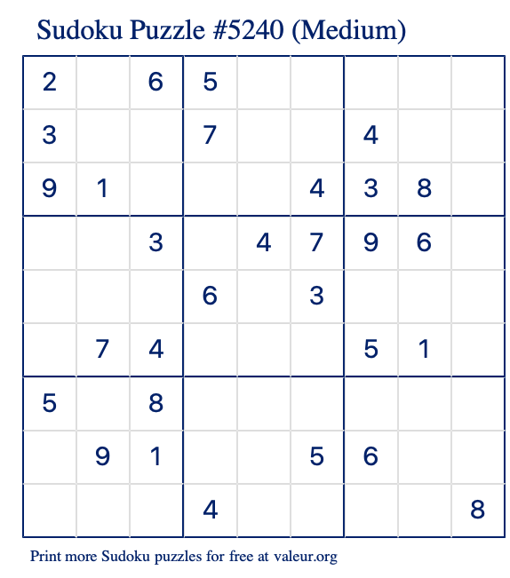 Free Printable Medium Sudoku Puzzle number 5240