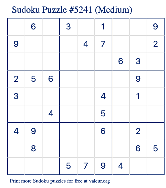 Free Printable Medium Sudoku Puzzle number 5241