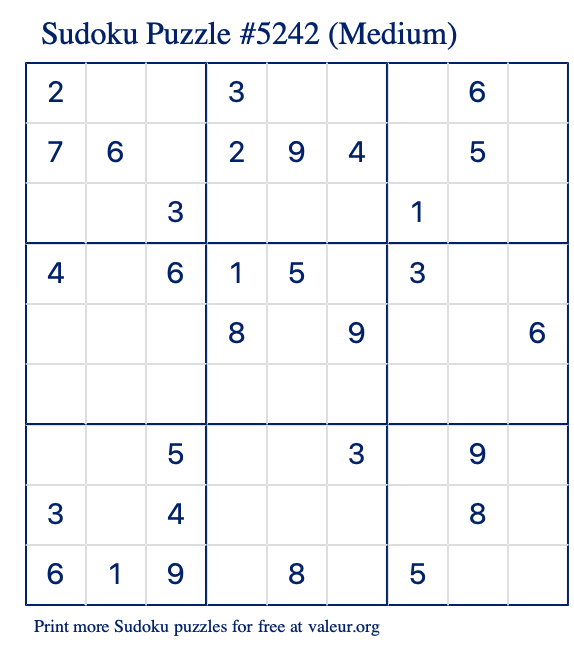 Free Printable Medium Sudoku Puzzle number 5242