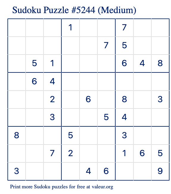Free Printable Medium Sudoku Puzzle number 5244