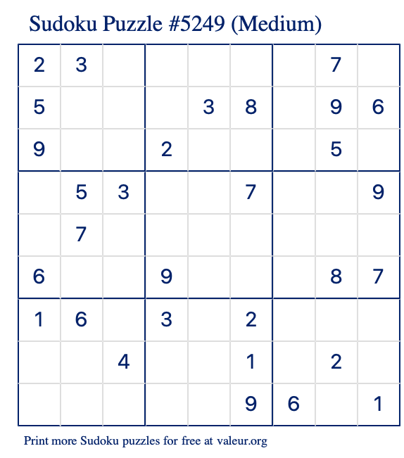 Free Printable Medium Sudoku Puzzle number 5249