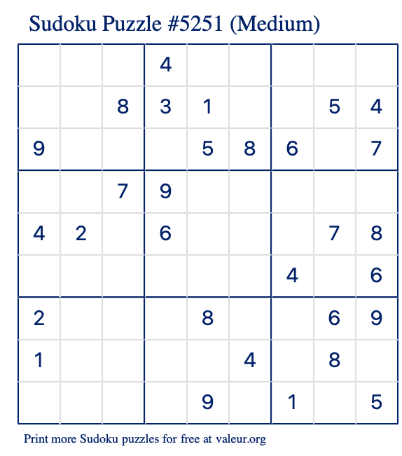 Free Printable Medium Sudoku Puzzle number 5251
