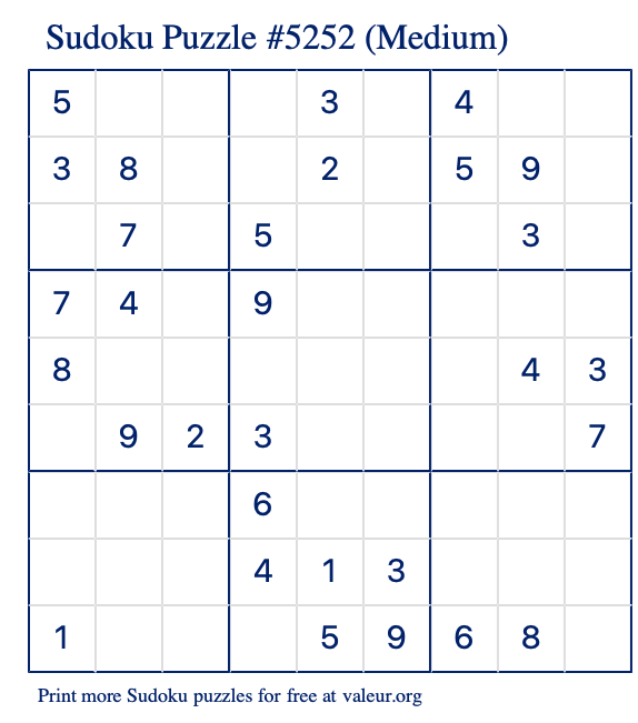Free Printable Medium Sudoku Puzzle number 5252