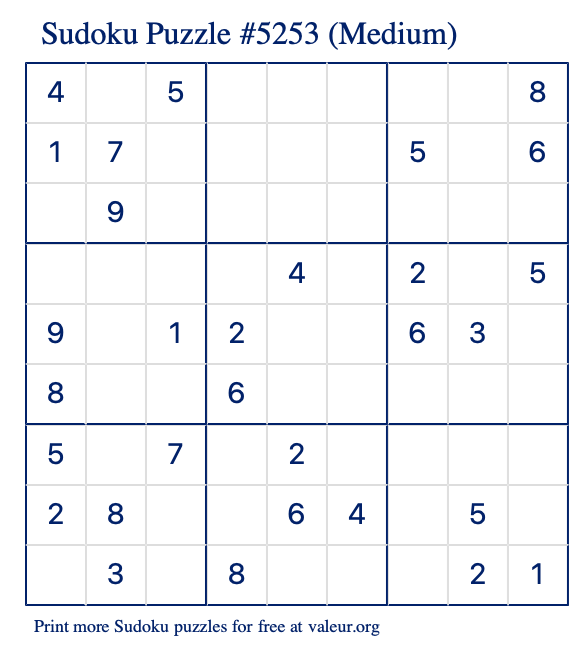 Free Printable Medium Sudoku Puzzle number 5253