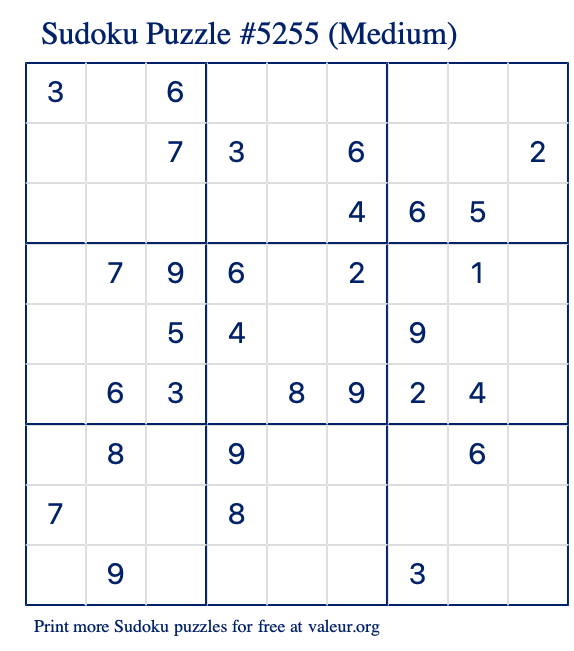 Free Printable Medium Sudoku Puzzle number 5255