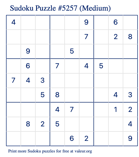 Free Printable Medium Sudoku Puzzle number 5257