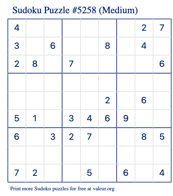 Free Printable Medium Sudoku Puzzle number 5258