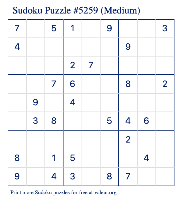 Free Printable Medium Sudoku Puzzle number 5259