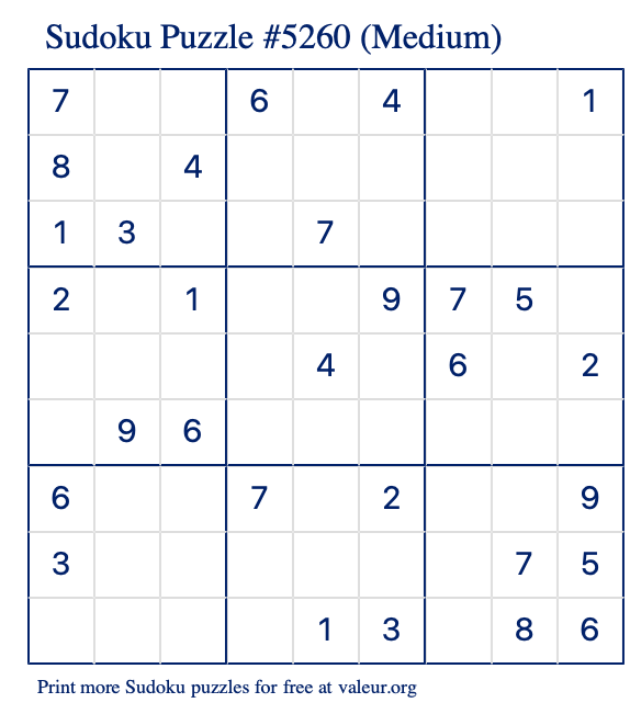 Free Printable Medium Sudoku Puzzle number 5260