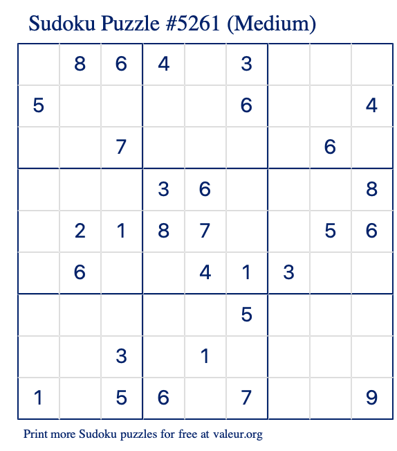 Free Printable Medium Sudoku Puzzle number 5261