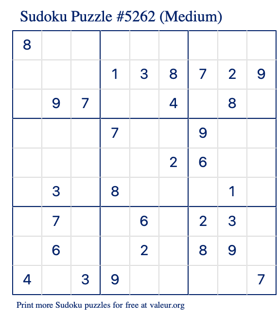 Free Printable Medium Sudoku Puzzle number 5262