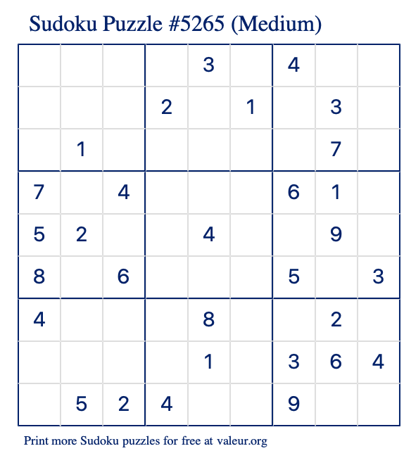 Free Printable Medium Sudoku Puzzle number 5265