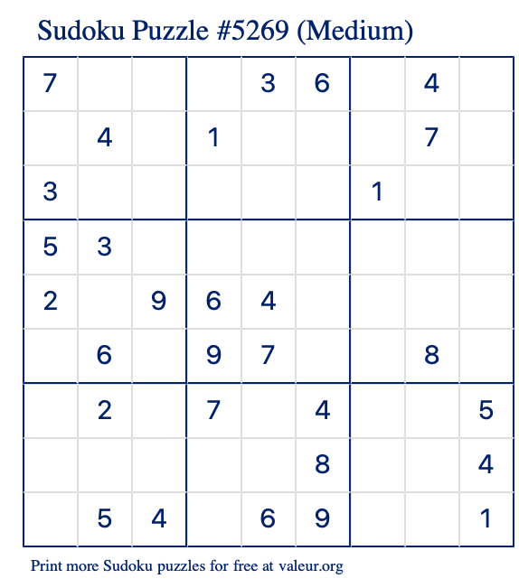 free printable medium sudoku with the answer 5269