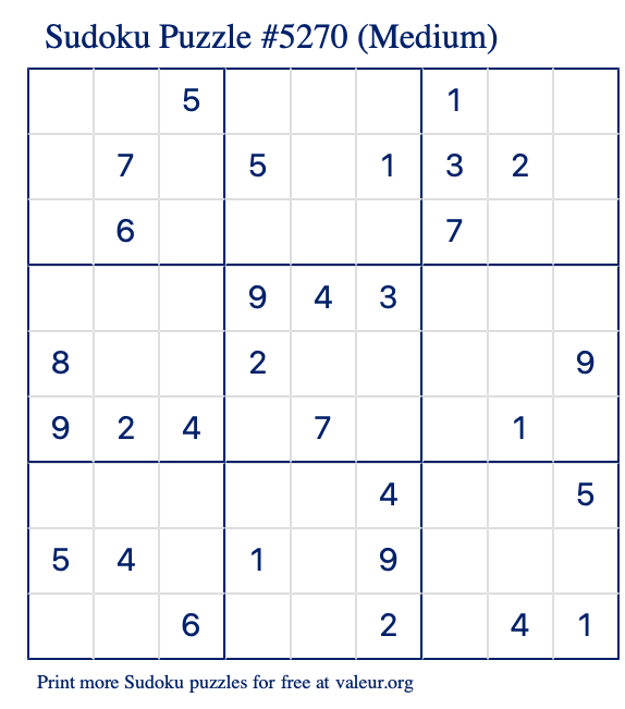 Free Printable Medium Sudoku Puzzle number 5270