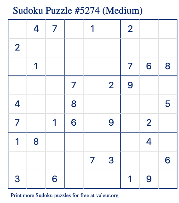 Free Printable Medium Sudoku Puzzle number 5274