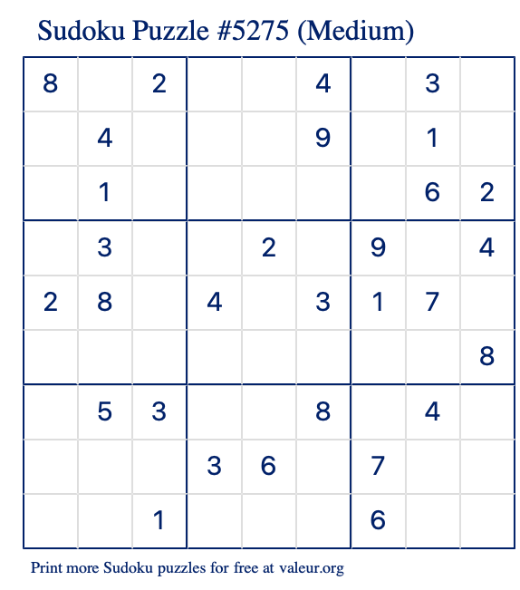 Free Printable Medium Sudoku Puzzle number 5275