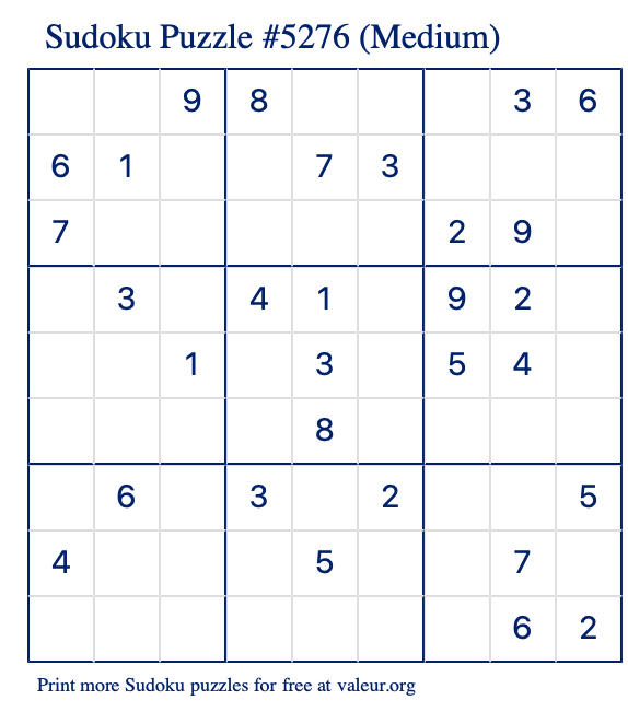 Free Printable Medium Sudoku Puzzle number 5276