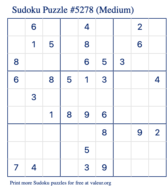 Free Printable Medium Sudoku Puzzle number 5278