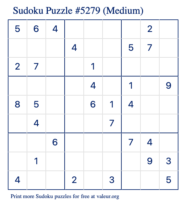 Free Printable Medium Sudoku Puzzle number 5279