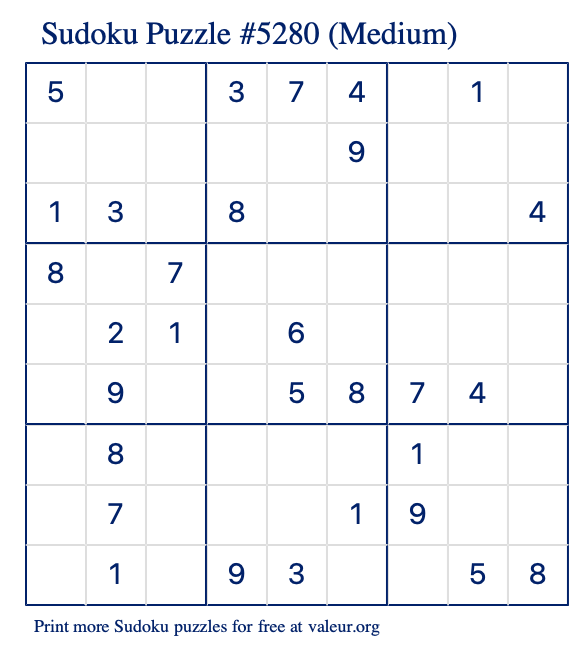 Free Printable Medium Sudoku Puzzle number 5280