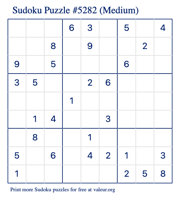 Free Printable Medium Sudoku Puzzle number 5282